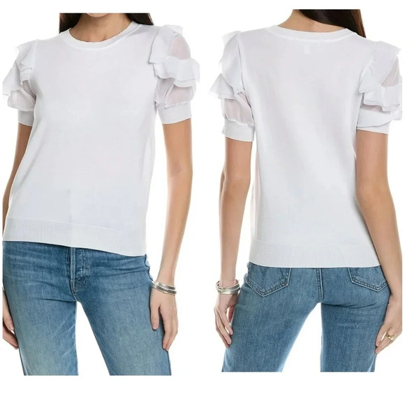 Nanette Lepore Tops - Nanette Lepore White Knit Sweater w/ Layered Chiffon Ruffle Sleeves, EUC!